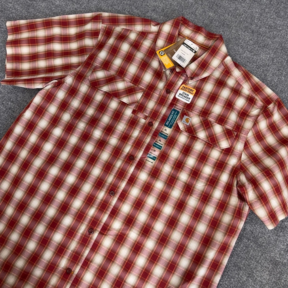 Carhartt Force Shirt Mens XL Red Relaxed Fit Short Sleeve Plaid Button Down NEW